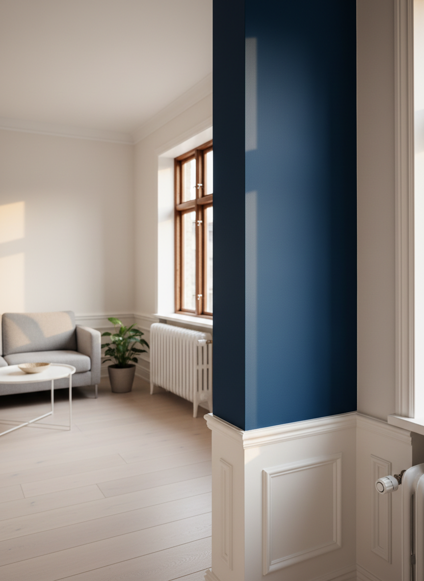 A freshly completed living room wall showcasing expert interior painting, half in deep, velvety midnight blue and half in warm, chalky white, meeting in a razor-sharp line that displays precision craftsmanship. The wall is framed by crisp, restored wooden moldings and a refurbished antique radiator beneath a tall window. Soft afternoon daylight pours in from the side, accentuating the subtle sheen of the paint and casting gentle shadows along the profiles of the trim. Photographic realism, shot at eye level with a slight angle across the wall, drawing the eye along the seamless finish. The mood is bold yet refined, emphasizing professional quality and attention to detail, with a clean, modern Scandinavian-inspired interior in soft focus behind.