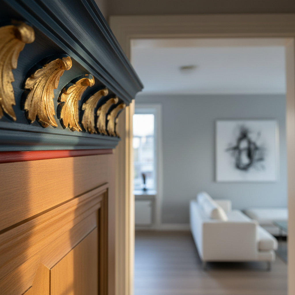 A close-up, highly detailed macro photograph of a freshly painted decorative wood molding in an old apartment, revealing fine brushwork, layered colors, and subtle glaze typical of antikvarisk malerarbeid. The molding frames the top of a doorway that opens into a minimalist, modern room painted in a smooth, matte neutral tone, hinting at the combination of classic and contemporary techniques. Side lighting from a nearby window creates tiny highlights on the raised ornament and soft shadows in the recesses, emphasizing craftsmanship and texture. The composition uses shallow depth of field, with the intricate molding in sharp focus and the modern interior gently blurred. The mood is bold yet intimate, showcasing the pride in small details and expert restoration in a photographic, editorial style.