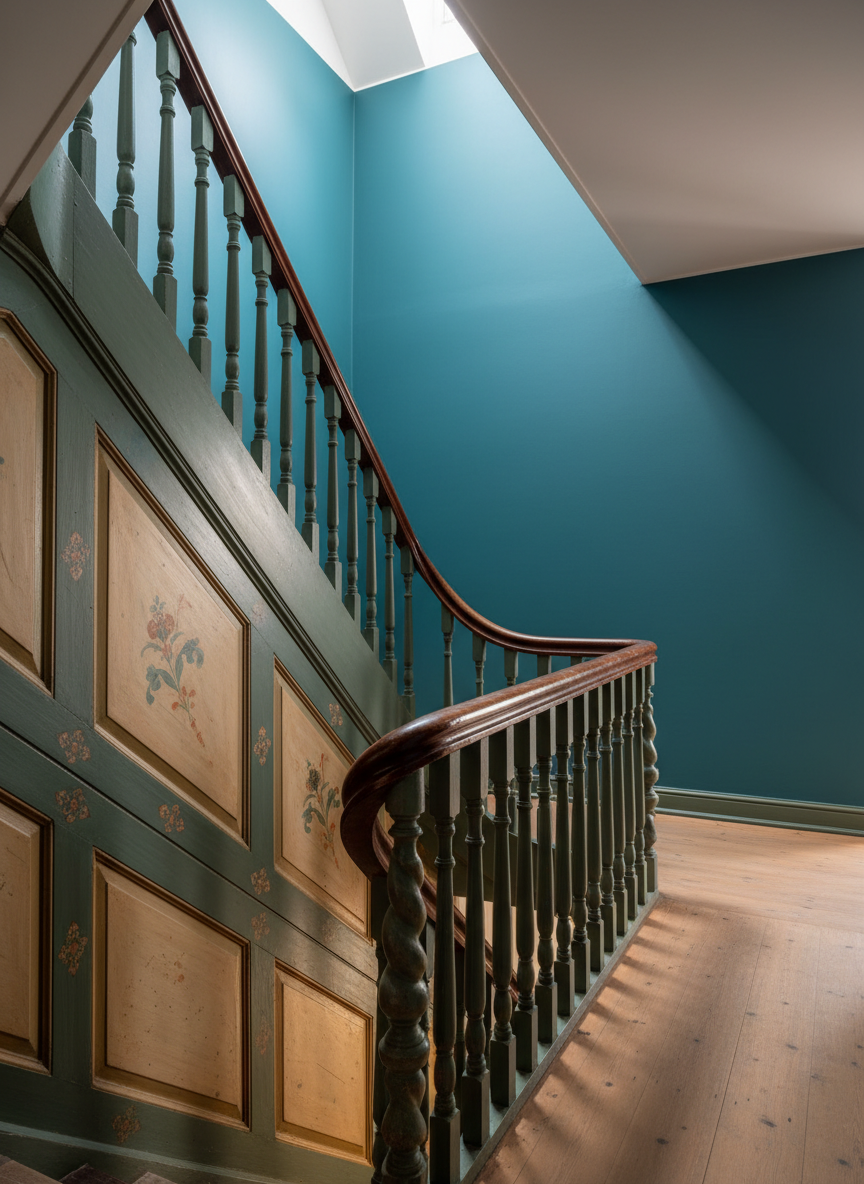 An antique wooden stairwell in a classic Norwegian townhouse, its banister and wall paneling perfectly restored using traditional painting techniques, leading up to a landing that transitions into a more modern painted hallway. The lower half shows intricate hand-painted details, patina, and historically accurate muted colors, while the upper hallway features smooth, minimalist walls in a saturated contemporary tone. Natural light streams from a window above, casting soft highlights on the glossy banister and subtle shadows on the wall panels. Photographic realism, captured from a slightly low angle looking up the stairs to emphasize depth and the meeting of old and new. The atmosphere is bold, respectful, and curated, celebrating both heritage and modern design in one cohesive project image.