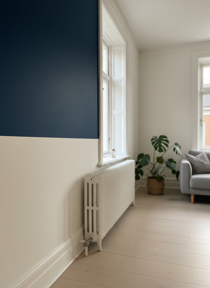 A freshly completed living room wall showcasing expert interior painting, half in deep, velvety midnight blue and half in warm, chalky white, meeting in a razor-sharp line that displays precision craftsmanship. The wall is framed by crisp, restored wooden moldings and a refurbished antique radiator beneath a tall window. Soft afternoon daylight pours in from the side, accentuating the subtle sheen of the paint and casting gentle shadows along the profiles of the trim. Photographic realism, shot at eye level with a slight angle across the wall, drawing the eye along the seamless finish. The mood is bold yet refined, emphasizing professional quality and attention to detail, with a clean, modern Scandinavian-inspired interior in soft focus behind.