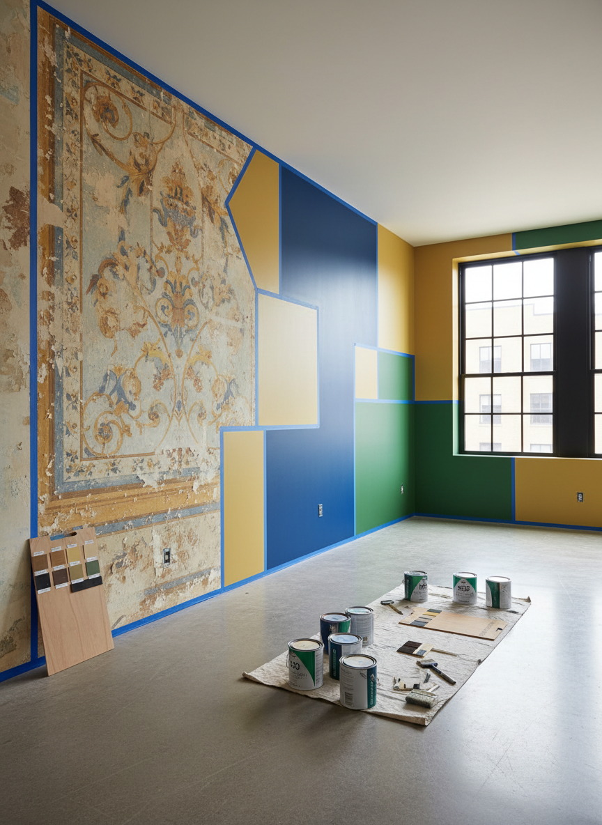 A spacious loft room mid-renovation, one wall showing its original, faded decorative paint uncovered in sections, and the adjacent areas freshly finished with bold, modern colors that respect the historic patterns. Painter’s tape, sample boards, and neatly arranged eco-friendly paint cans sit on a clean floor, hinting at both planning and environmental care. Large industrial windows flood the space with diffused natural light, highlighting the contrast between old, fragile layers and the new, smooth finishes. Photographic realism, shot from a wide, slightly elevated angle to capture the entire project area, with strong lines leading the eye between before and after sections. The atmosphere is energetic and forward-looking, emphasizing transformation, respect for history, and meticulous craftsmanship in one bold composition.
