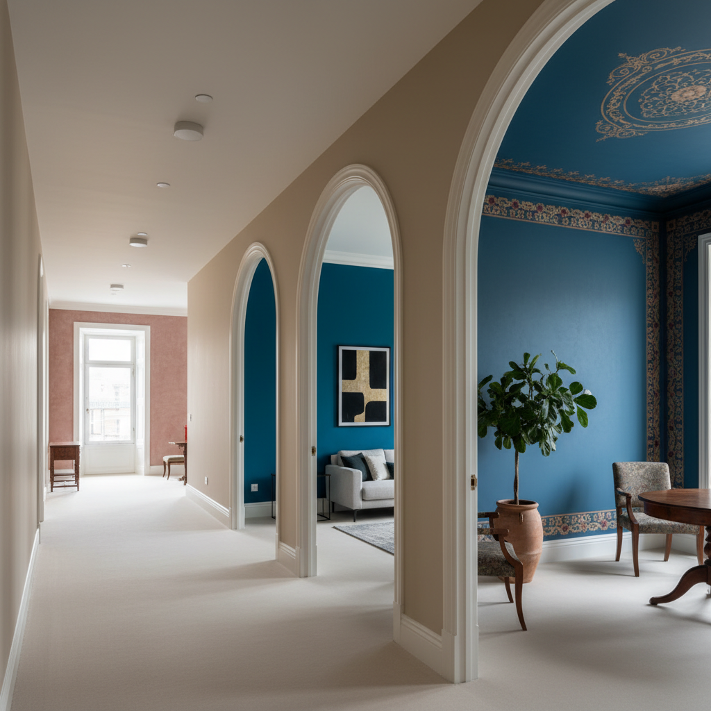A corridor in a period building where each doorway reveals a different completed painting project: one room with historically restored stenciled borders, another with deep, saturated modern walls and ultra-crisp trim, and a third showcasing a subtle, limewash-like finish. The corridor walls themselves are freshly painted in a neutral tone that ties everything together. Soft, even ceiling lighting and faint daylight from a far window combine to create balanced illumination, showing true color and surface quality. The image is captured at eye level down the corridor, using the rule of thirds to place doorways as bold frames within the frame. The atmosphere is confident and curated, highlighting range, craftsmanship, and the harmony between antique techniques and contemporary interiors in a clean photographic style.