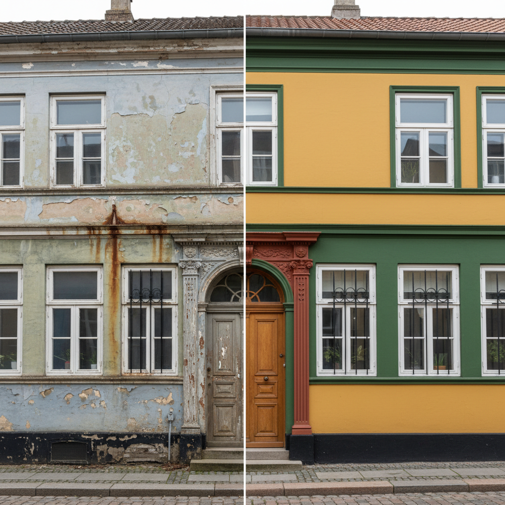 A dramatic before-and-after comparison of a historic townhouse façade, split vertically down the middle in one seamless photographic image. On the left, the weathered, flaking original paint and dull colors; on the right, freshly restored antikvarisk maling with rich, historically accurate tones, crisp window frames, and revitalized wooden details. The building stands on a cobblestone street with muted urban surroundings softly blurred. Overcast daylight provides diffused, even lighting, emphasizing surface texture and brushwork. The composition is straight-on, architectural, with sharp focus across the façade to showcase the transformation and craftsmanship. The mood is bold and triumphant, highlighting respect for heritage combined with professional restoration skill, in a clean, documentary photographic style.